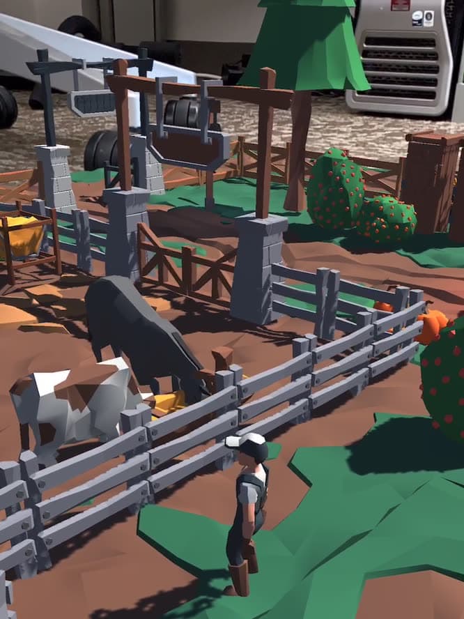 A farmer figure next to a cattle pen, with real equipment visible behind